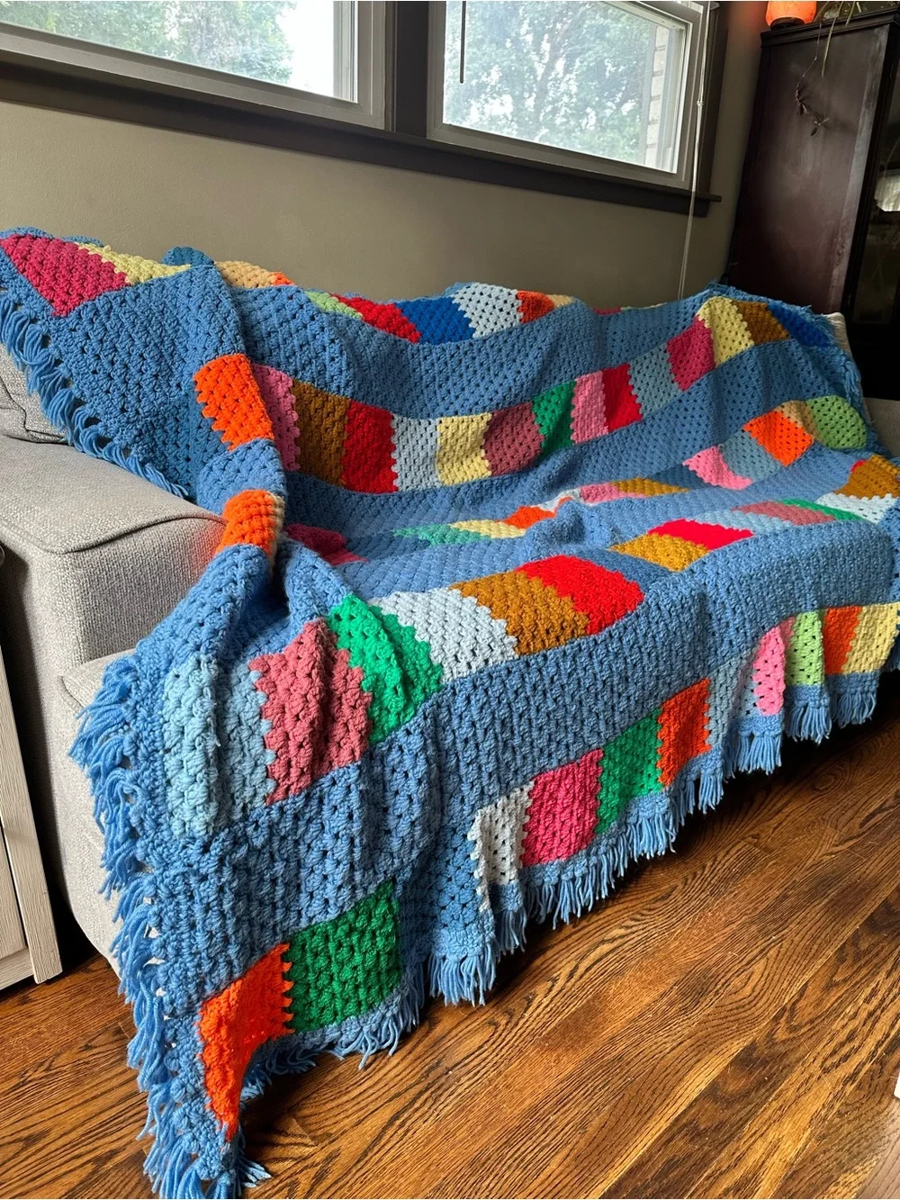 Large Blue Multi-color crochet knit Blanket Throw with Fringe full/queen